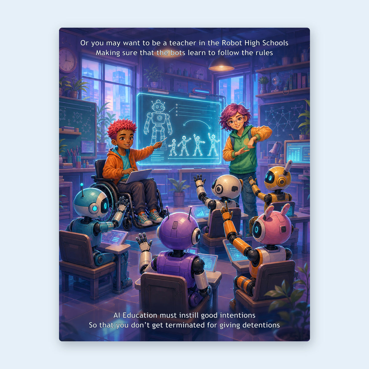 Interior spread — a child teaching a classroom of robots at Robot High School