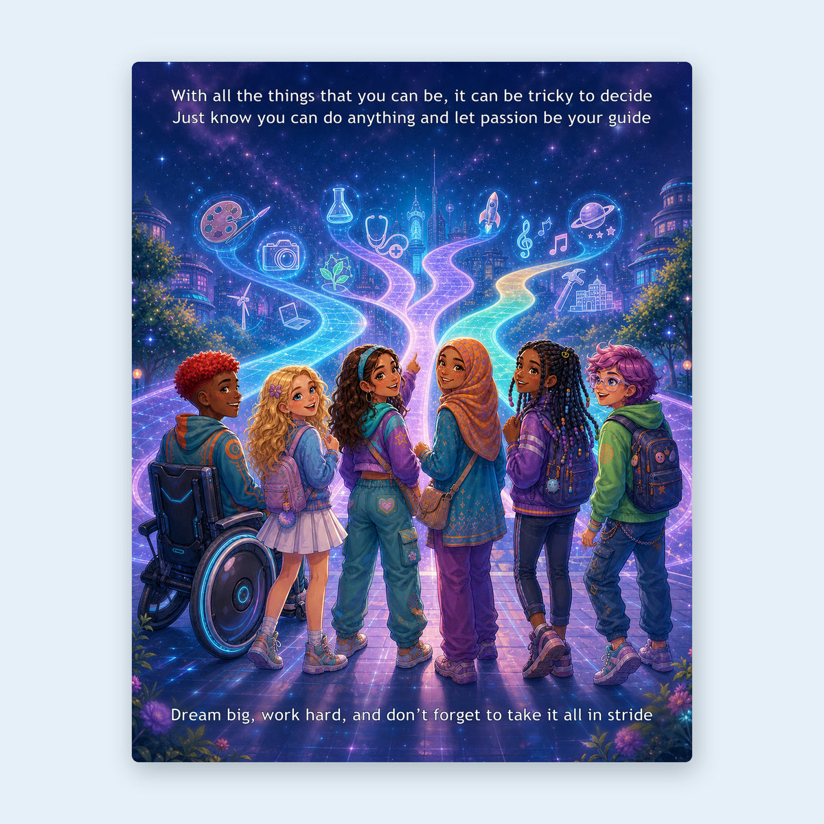 Closing spread — children looking out at glowing branching paths of possible futures