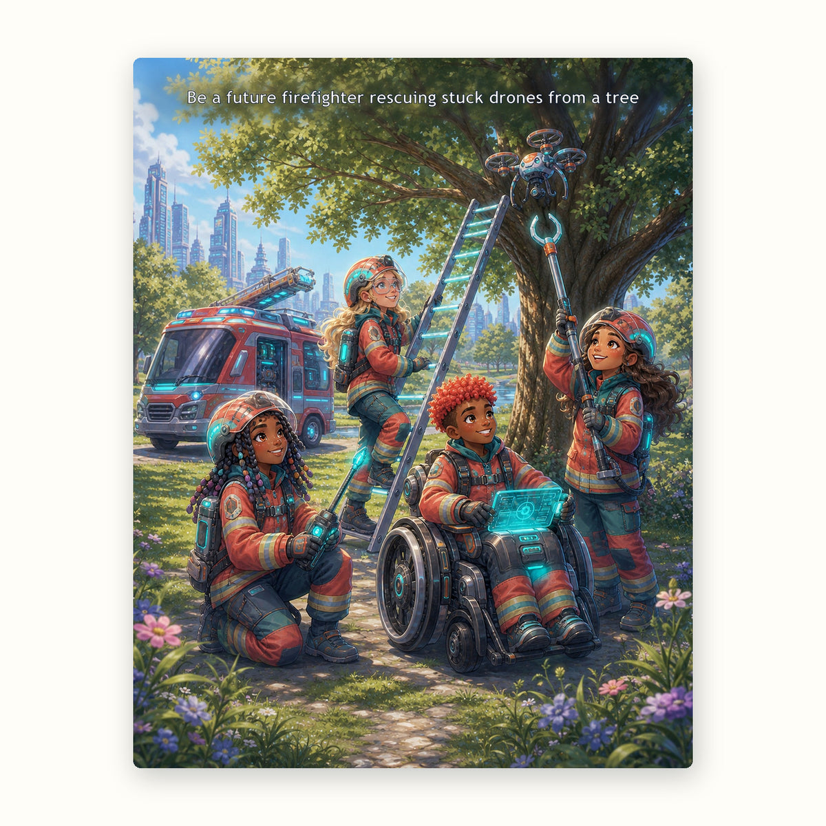 Interior spread — a drone firefighter rescuing a stuck drone from a tree
