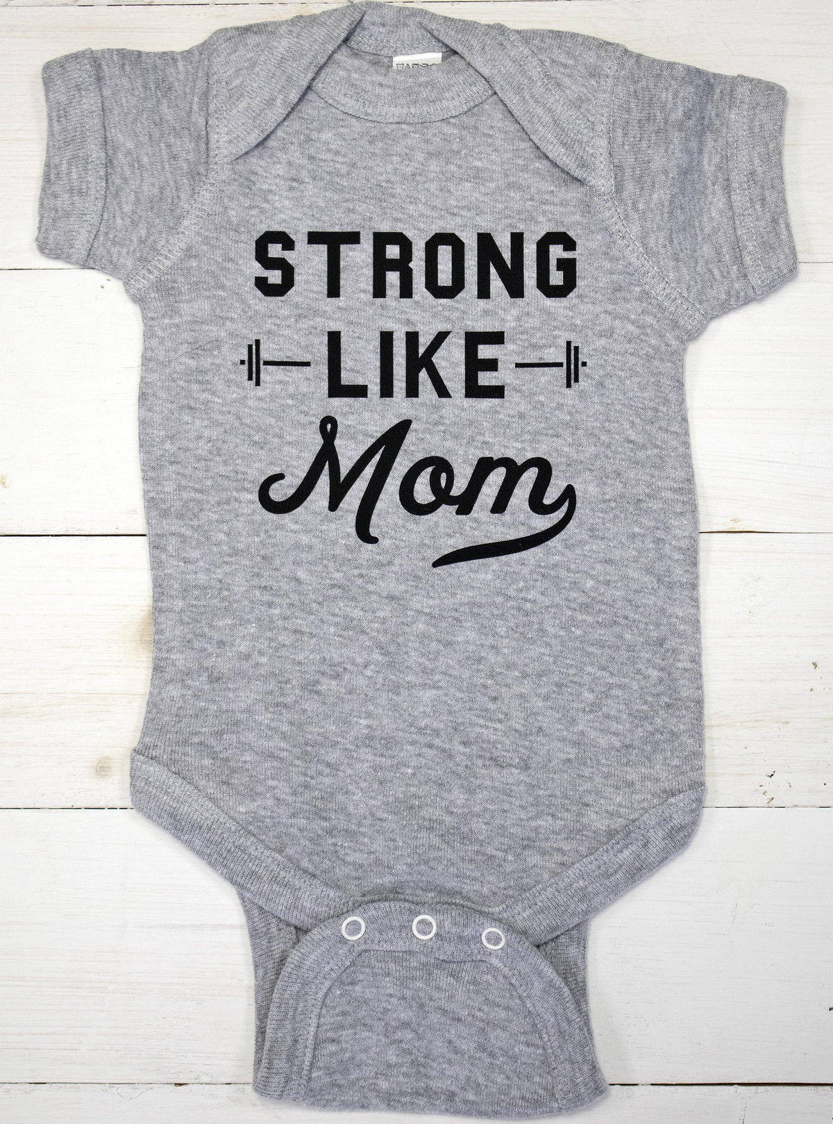 Strong Like Mom printed baby bodysuit in heather grey