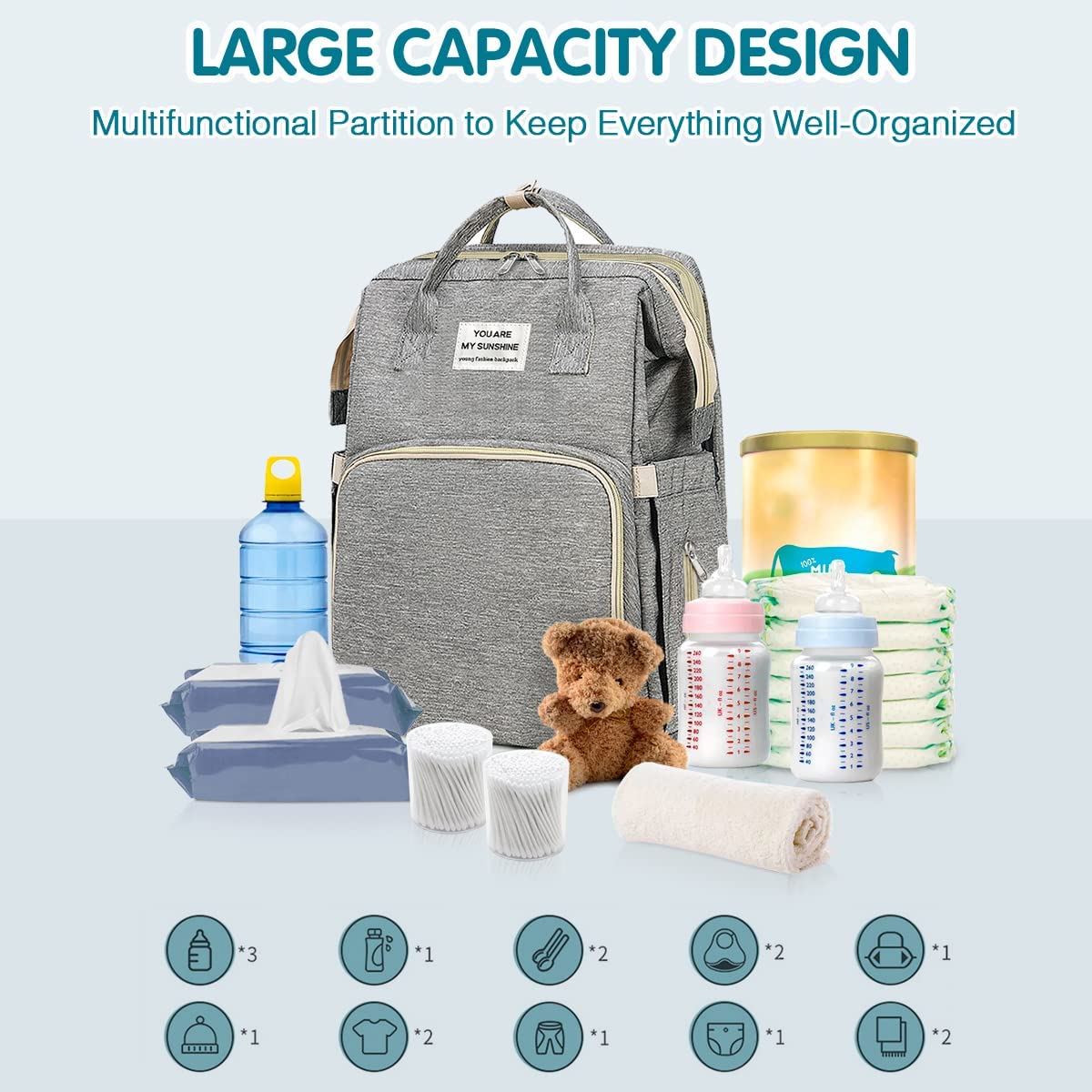 Convertible diaper backpack in 900D oxford fabric