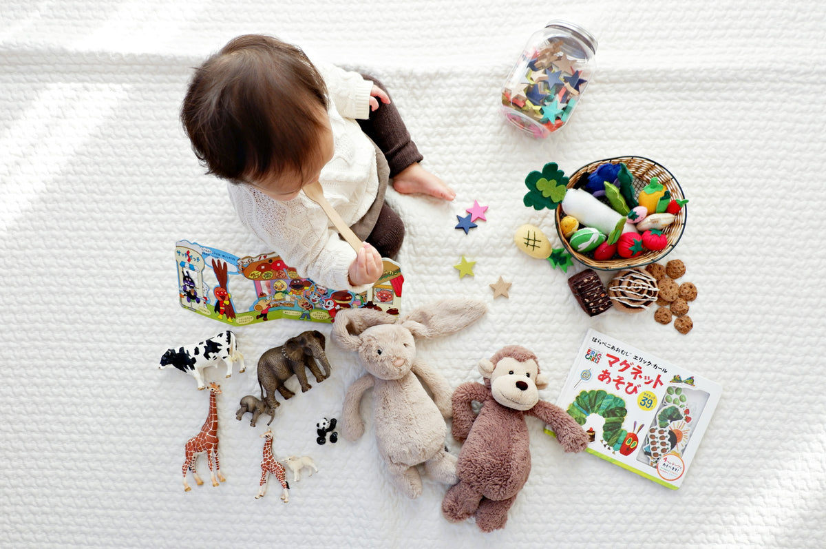 A young child sitting among books, soft toys and wooden play things