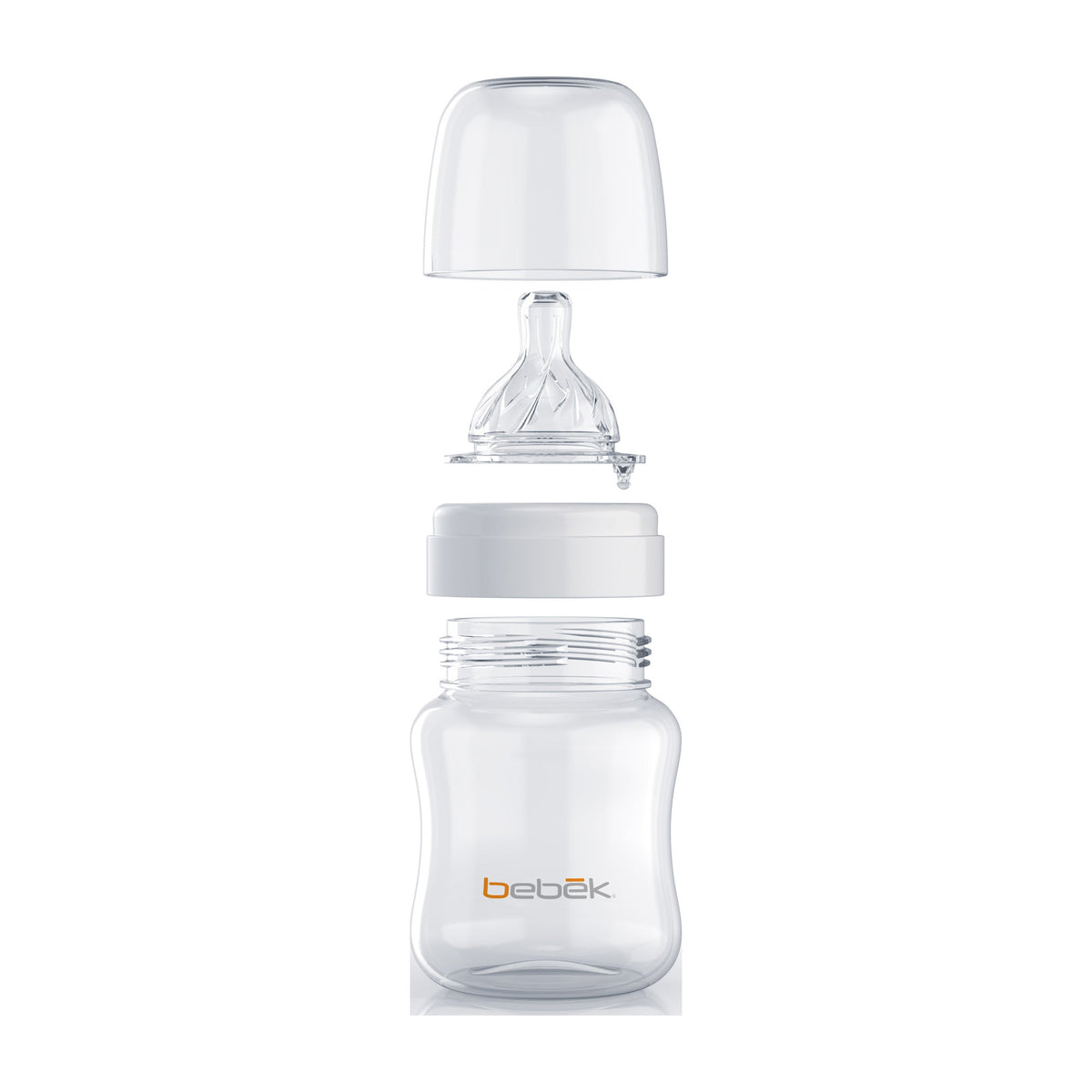 Bebek Classic bottle shown apart: cap, teat, collar and bottle