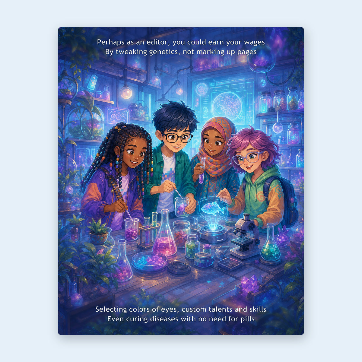 Interior spread — children as geneticists, tweaking eye colours and curing diseases