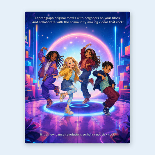 Interior spread — children choreographing a dance on a glowing neon stage