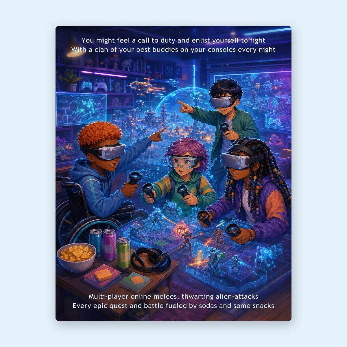 Interior spread — children in VR headsets on a multiplayer online quest