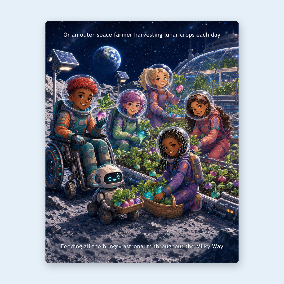 Interior spread — a child as an outer-space farmer harvesting lunar crops