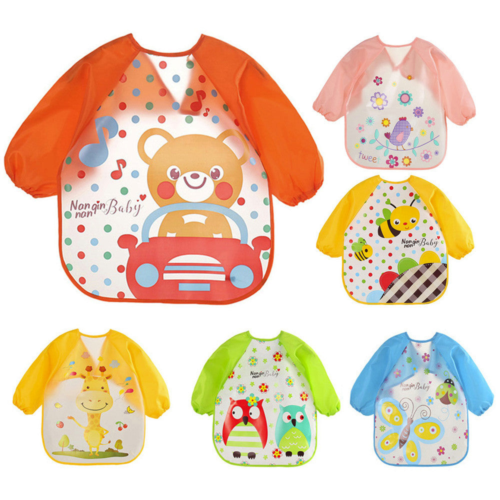 Waterproof cartoon-print baby bib with crumb-catcher pocket