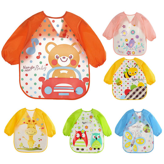 Waterproof cartoon-print baby bib with crumb-catcher pocket