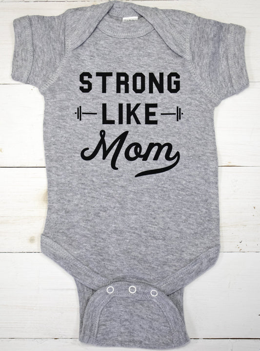 Strong Like Mom printed baby bodysuit in heather grey