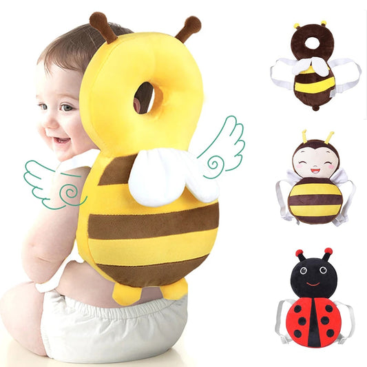 Padded head cushion worn by a toddler learning to walk