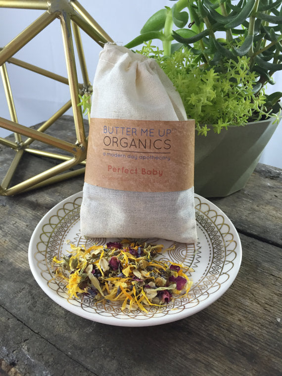 Organic baby bath tea sachet in an unbleached muslin bag