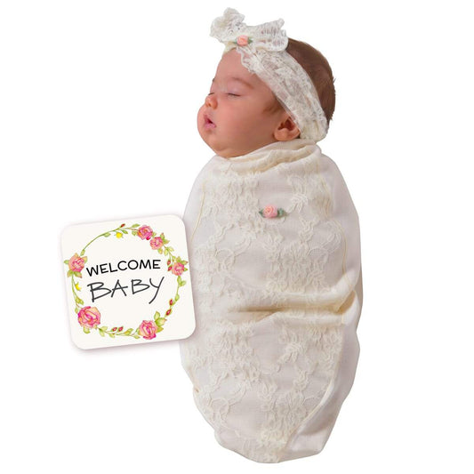 Lace cocoon swaddle with matching headpiece and newborn announcement card